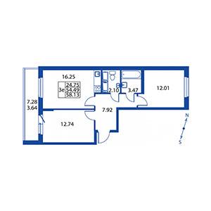 3-комнатная, 54 м² — ЖК ЖК Полис на Неве