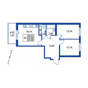 3-комнатная, 62 м² — ЖК ЖК Полис на Неве