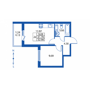 2-комнатная, 31 м² — ЖК ЖК Полис на комендантском