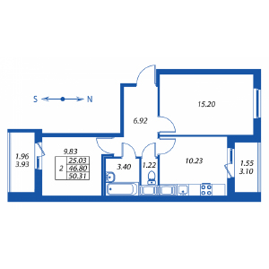2-комнатная, 46 м² — ЖК ЖК Полис на комендантском