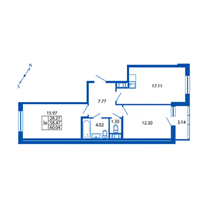 3-комнатная, 58 м² — ЖК ЖК Полис на московской