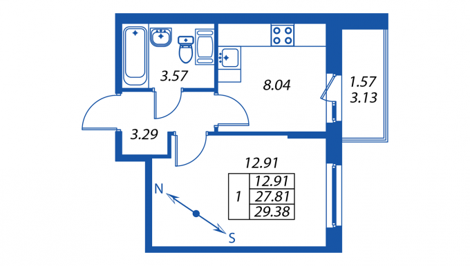 1-комнатная, 28 м² — ЖК ЖК ПаркЛэнд