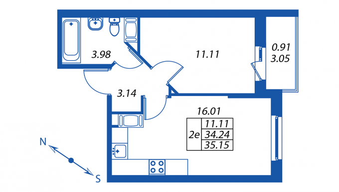 2-комнатная, 34 м² — ЖК ЖК ПаркЛэнд
