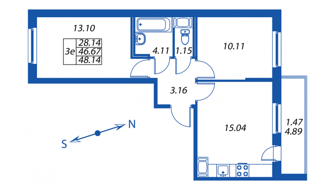 3-комнатная, 46 м² — ЖК ЖК ПаркЛэнд