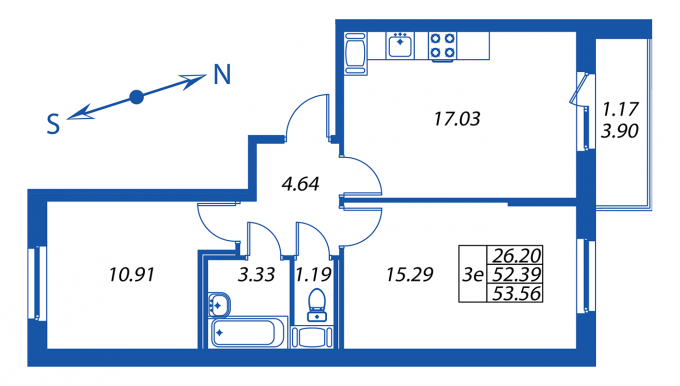 3-комнатная, 52 м² — ЖК ЖК ПаркЛэнд