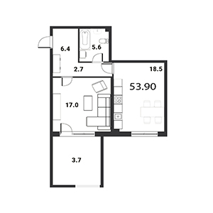 1-комнатная, 54.1 м² — ЖК ЖК Дудергоф Клаб