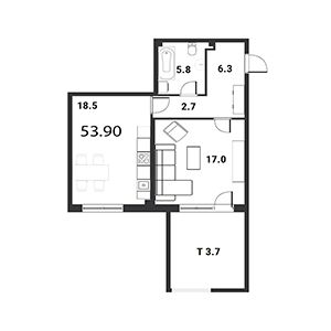 1-комнатная, 54.2 м² — ЖК ЖК Дудергоф Клаб