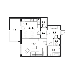 1-комнатная, 56.5 м² — ЖК ЖК Дудергоф Клаб