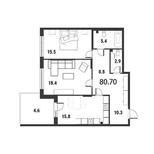2-комнатная, 80.8 м² — ЖК ЖК Дудергоф Клаб