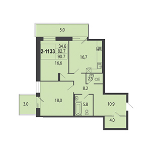2-комнатная, 90.5 м² — ЖК ЖК Дудергоф Клаб