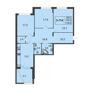3-комнатная, 119.2 м² — ЖК ЖК Дудергоф Клаб