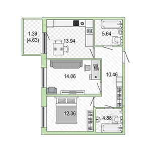 2-комнатная, 62 м² — ЖК ЖК Жемчужный Каскад