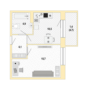 1-комнатная, 36 м² — ЖК ЖК Жемчужный Каскад