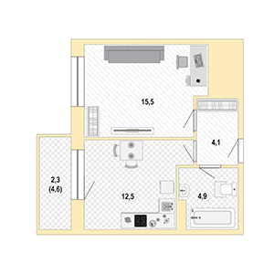 1-комнатная, 39 м² — ЖК ЖК Жемчужный Каскад