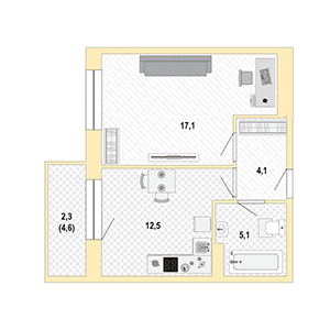 1-комнатная, 40 м² — ЖК ЖК Жемчужный Каскад