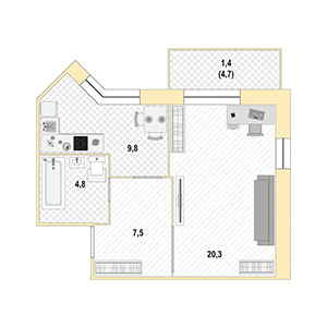 1-комнатная, 43 м² — ЖК ЖК Новый лиговский