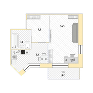 1-комнатная, 43 м² — ЖК ЖК Жемчужный Каскад