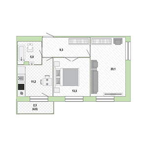 2-комнатная, 61 м² — ЖК ЖК Жемчужный Каскад