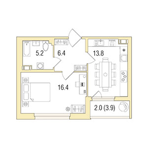 1-комнатная, 43 м² — ЖК ЖК Жемчужный берег