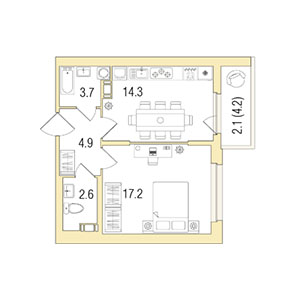 1-комнатная, 44 м² — ЖК ЖК Жемчужный Каскад