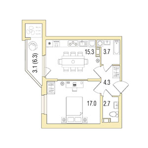 1-комнатная, 46 м² — ЖК ЖК Жемчужный берег