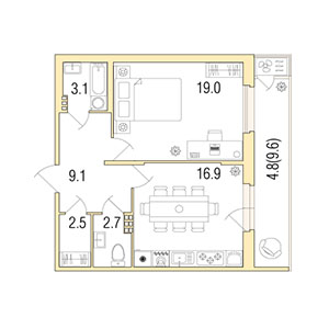1-комнатная, 58 м² — ЖК ЖК Жемчужный берег