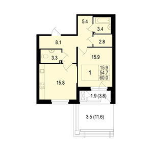 1-комнатная, 60 м² — ЖК ЖК Жемчужный берег