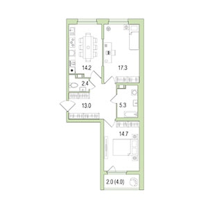 2-комнатная, 68 м² — ЖК ЖК Жемчужный берег