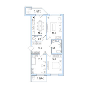 3-комнатная, 94 м² — ЖК ЖК Жемчужный берег