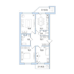 3-комнатная, 95 м² — ЖК ЖК Жемчужный берег