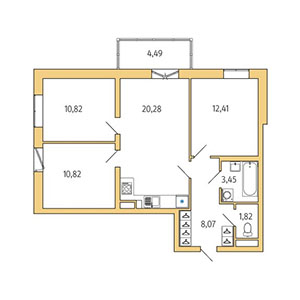 3-комнатная, 73.34 м² — ЖК ЖК ТАРМО