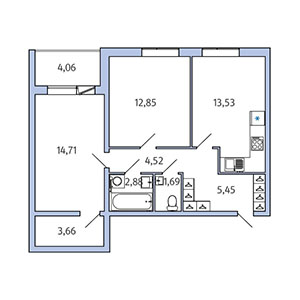 2-комнатная, 61.32 м² — ЖК ЖК Юттери