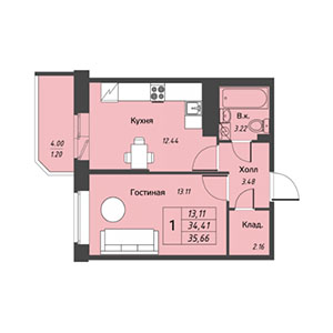 1-комнатная, 35.7 м² — ЖК ЖК Живи в Рыбацком