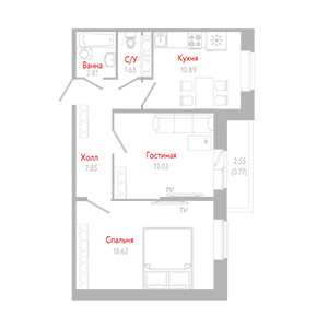 2-комнатная, 60.89 м² — ЖК ЖК Живи В Курортном