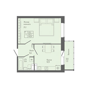 1-комнатная, 43 м² — ЖК ЖК ЗемлЯнино