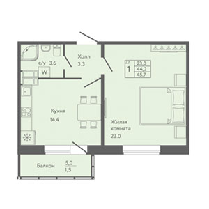 1-комнатная, 45.7 м² — ЖК ЖК Новый лиговский
