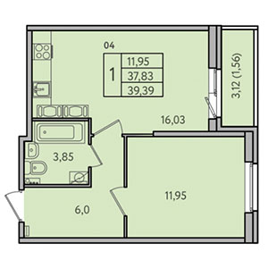 1-комнатная, 39.4 м² — ЖК ЖК Лайф Лесная
