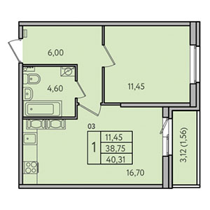1-комнатная, 40.3 м² — ЖК ЖК Лайф Лесная