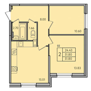 2-комнатная, 51.8 м² — ЖК ЖК Астрид
