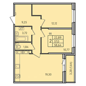 2-комнатная, 58.6 м² — ЖК ЖК ЗемлЯнино
