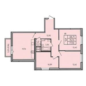 3-комнатная, 77.1 м² — ЖК ЖК Астрид