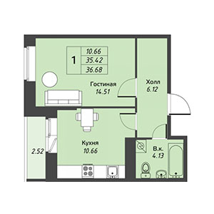 1-комнатная, 33.9 м² — ЖК ЖК Живи В Курортном