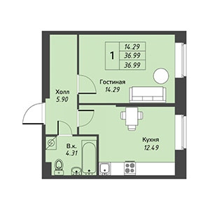 1-комнатная, 37 м² — ЖК ЖК Живи В Курортном