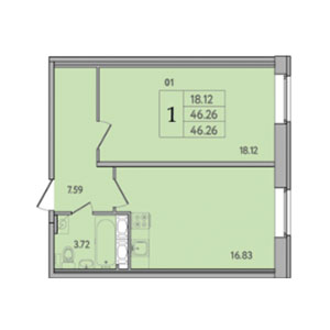 1-комнатная, 46.3 м² — ЖК ЖК Живи В Курортном