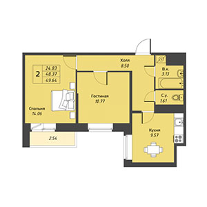 2-комнатная, 48.9 м² — ЖК ЖК Живи В Курортном