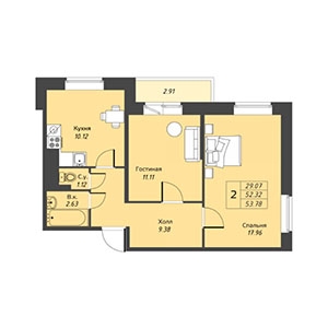 2-комнатная, 53.8 м² — ЖК ЖК Ультра Сити