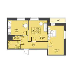 2-комнатная, 58.1 м² — ЖК ЖК Живи В Курортном