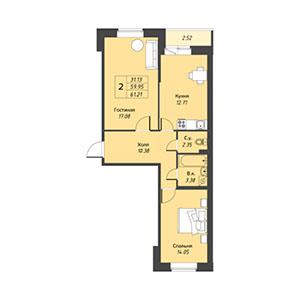 2-комнатная, 60.5 м² — ЖК ЖК Живи В Курортном