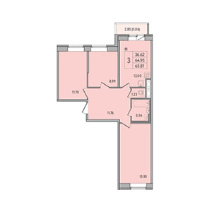 3-комнатная, 65.8 м² — ЖК ЖК Живи В Курортном