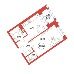 1-комнатная, 36.05 м² — ЖК ЖК Ариосто